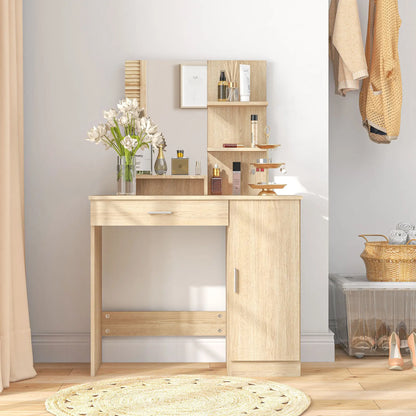 Vanity Table with Mirror, Drawer, Storage Shelves, 35.4 x 15 x 54.3 Inches, Natural Wood Dressing & Vanity Tables at Gallery Canada