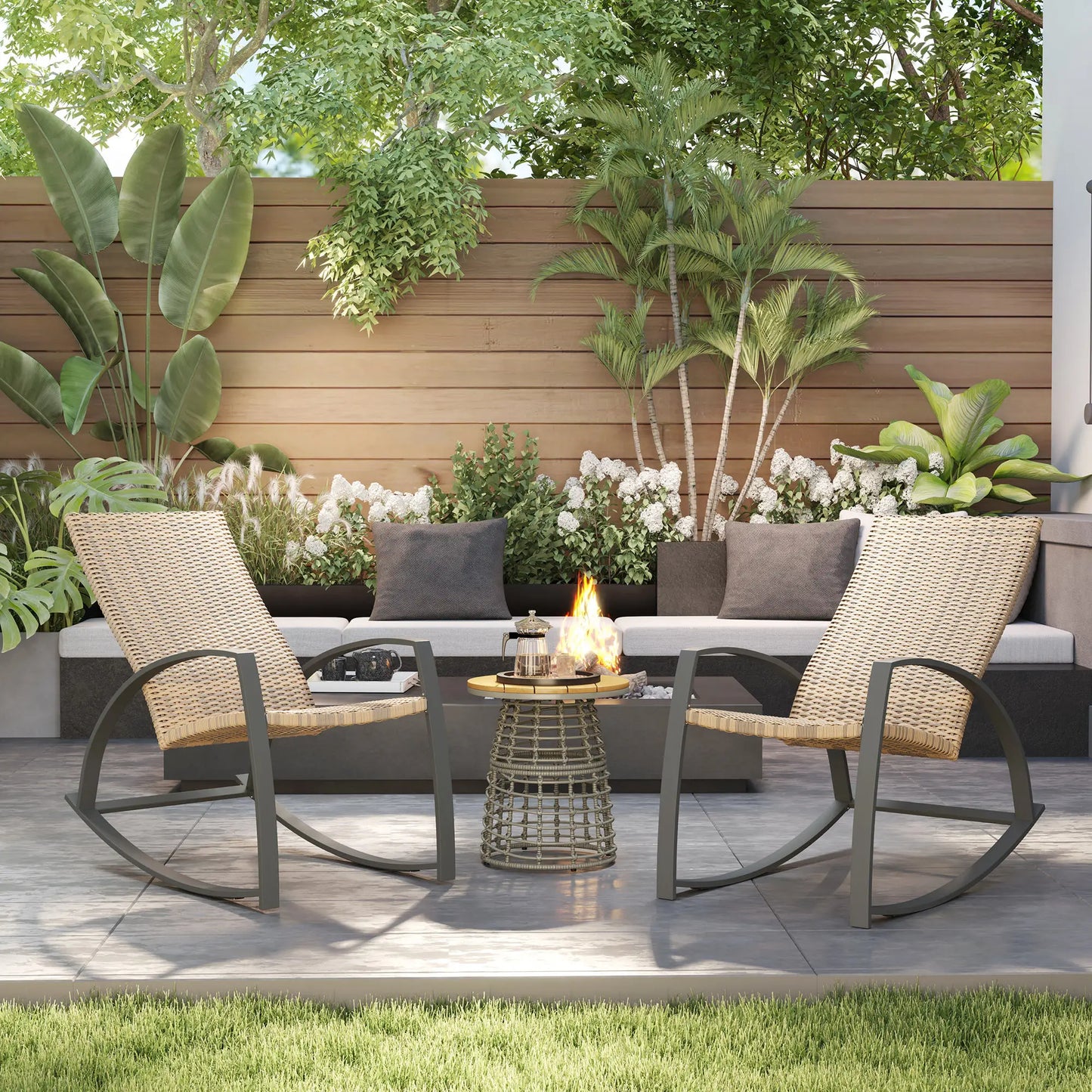 2 Wicker Patio Rocking Chairs, Rattan Outdoor Set, Khaki Outdoor Rocking Chairs at Gallery Canada
