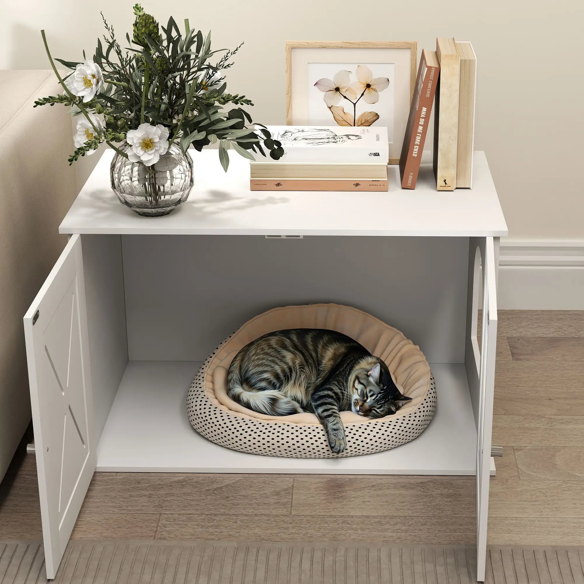 Hidden Cat Litter Box Enclosure, Double Doors, Hole, 31.5