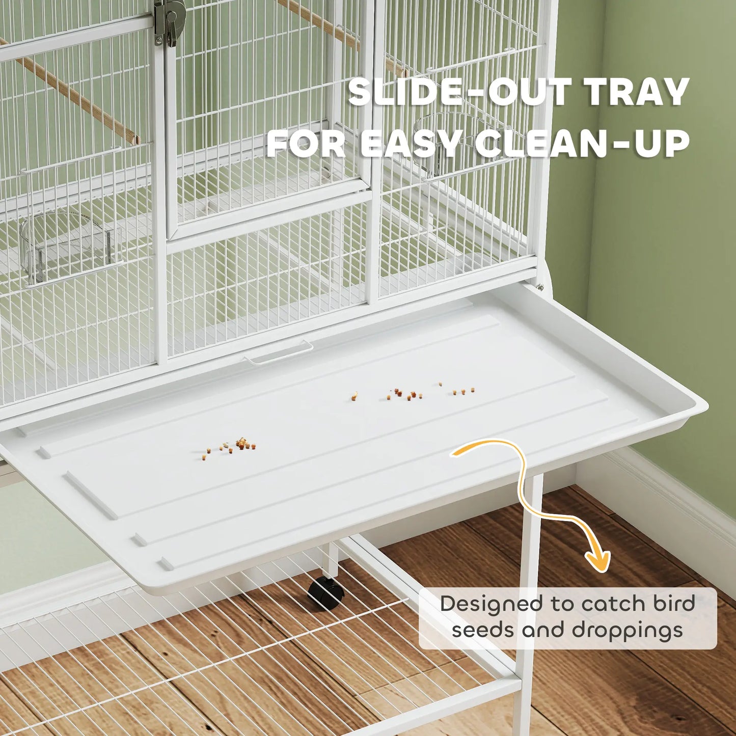 64" Large Rolling Bird Cage With Stand, Shelf, Perch, Food Container, White Bird Cages at Gallery Canada