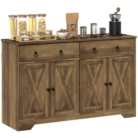 Sideboard Cabinet, 2 Drawers, 4 Barn Doors, 2 Adjustable Shelves, Light Brown Bar Cabinets Light Brown at Gallery Canada