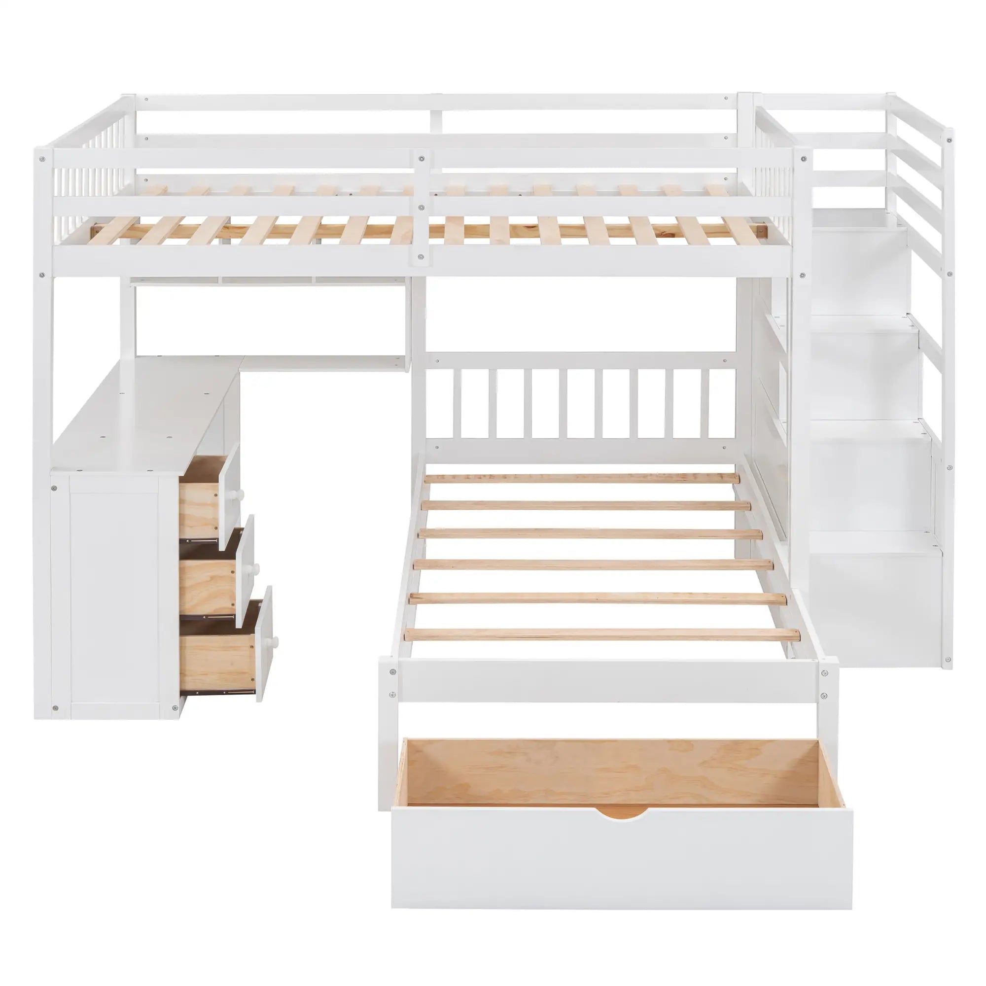 Over Twin Bunk Bed with Desk, Drawers, Shelves, 98