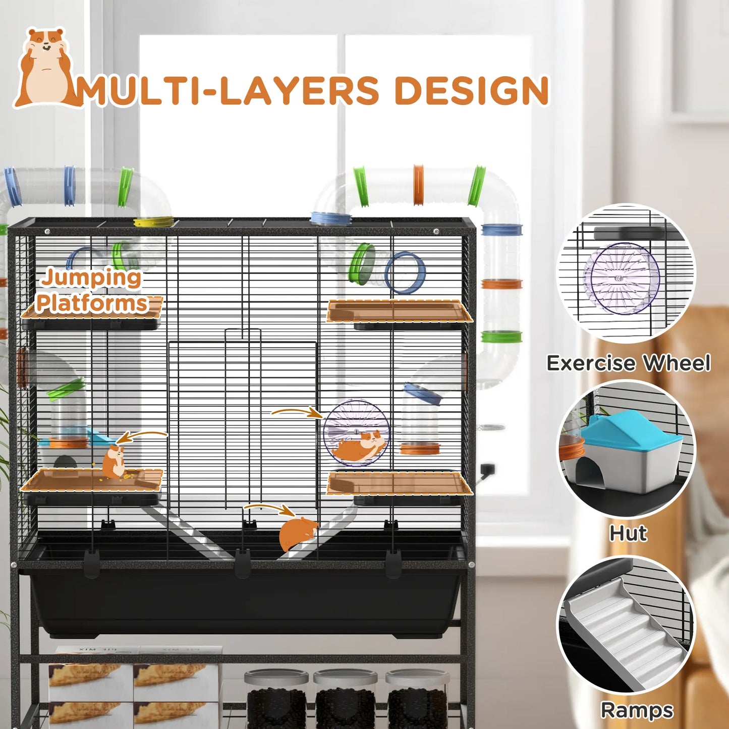 43" Rolling Hamster Cage, Tunnel Tube System, Storage Shelf, Exercise Wheel Hamster Cages at Gallery Canada