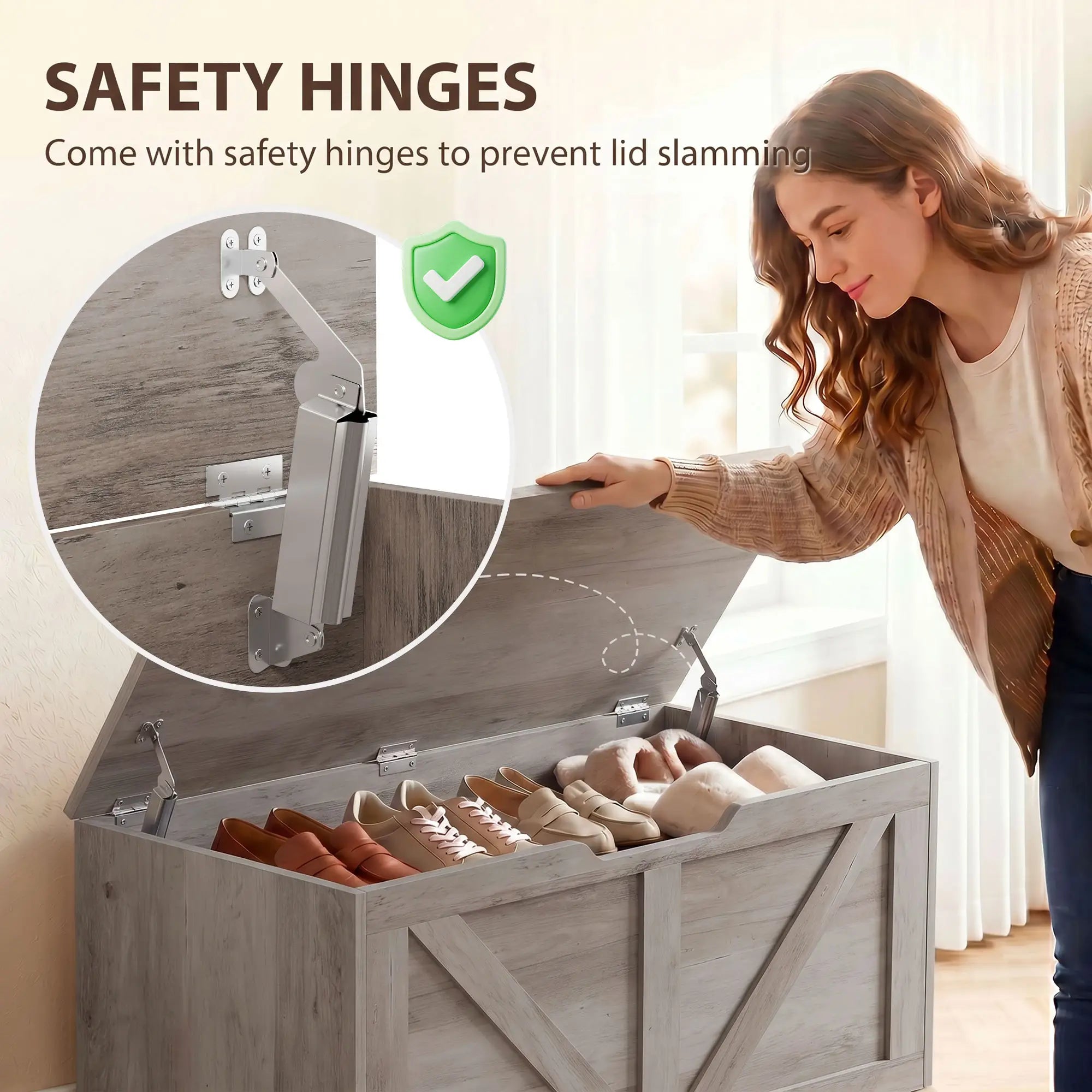 Storage Chest with Safety Hinges, Grey Wood Grain, 39.4 Inches, Grey Storage Cabinets at Gallery Canada