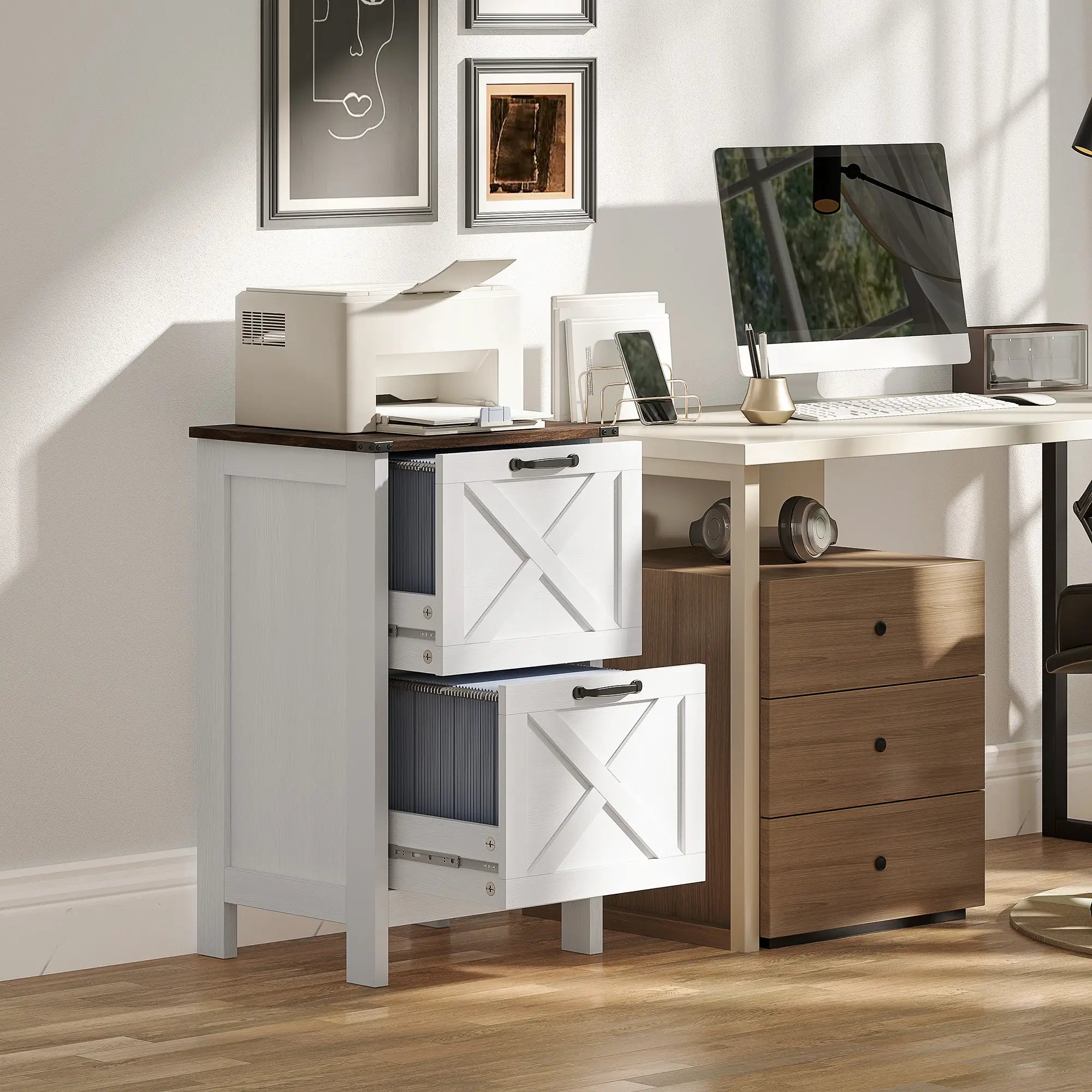 2 Drawer Vertical Filing Cabinet, Rustic Farmhouse, A4 Letter Size, Distressed-Off White Office Cabinets & Cupboards at Gallery Canada