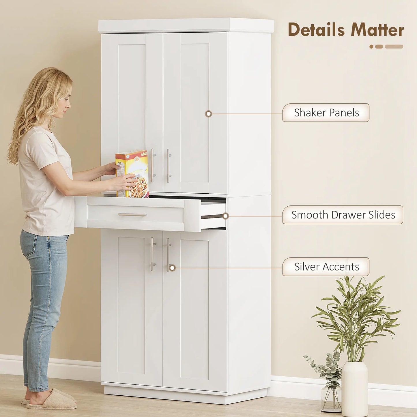 72" Storage Cabinet, Freestanding Kitchen Pantry Cabinet with 4 Doors, Drawer and 3 Adjustable Shelves, White Kitchen Pantry Cabinets at Gallery Canada