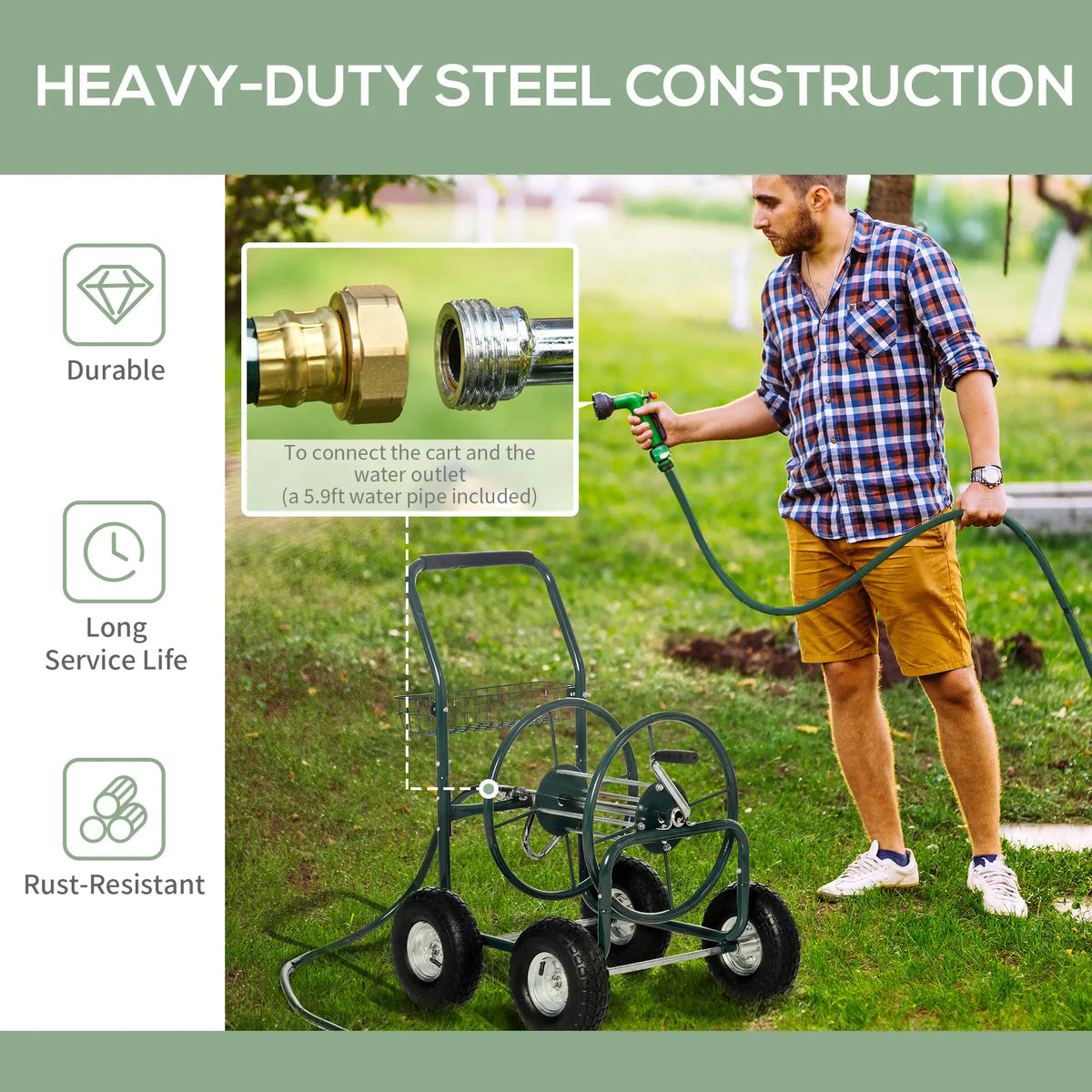 Portable Garden Hose Reel Cart With 4 Wheels, Storage Basket, Farm