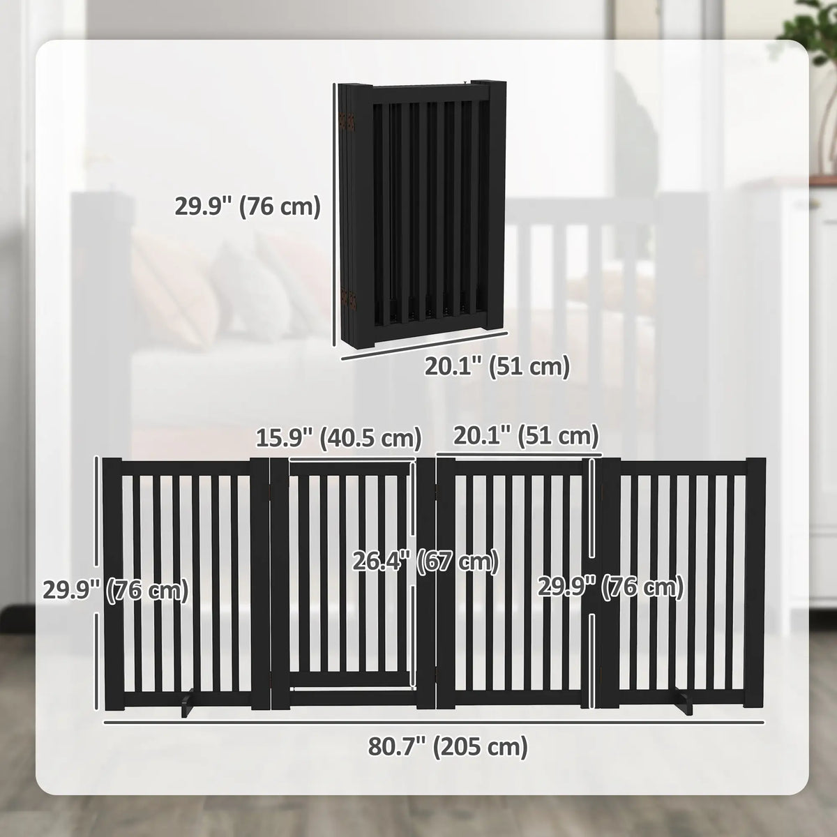 4 Panel Wooden Pet Gate, Free Standing, Open Door, Black Houses, Kennels & Pens at Gallery Canada