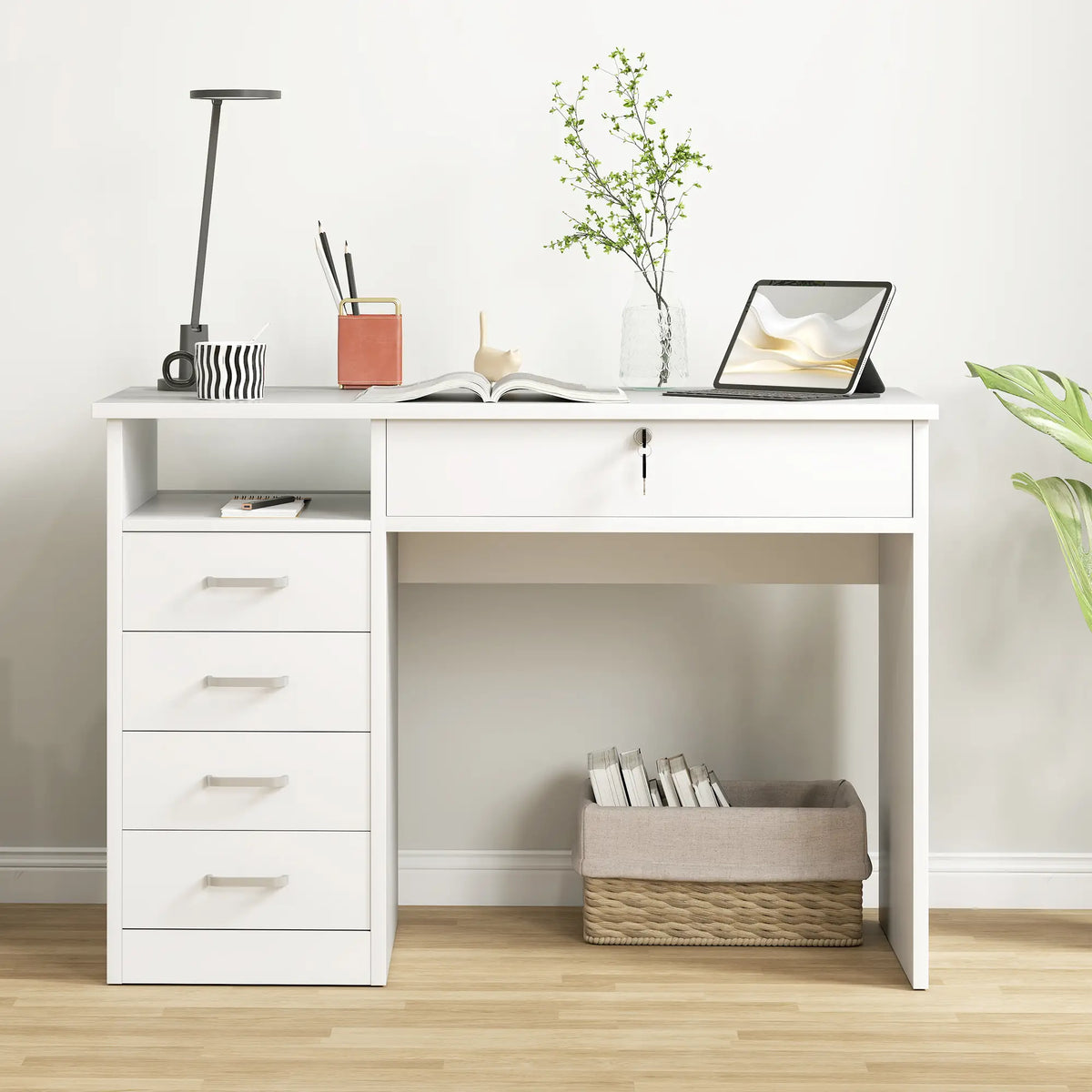 Home Office Desk with Storage, Lockable Drawer, White Computer Desks at Gallery Canada