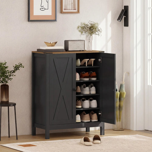 Shoe Cabinet With Barn Doors, Adjustable Shelves, 15 Pairs, Black