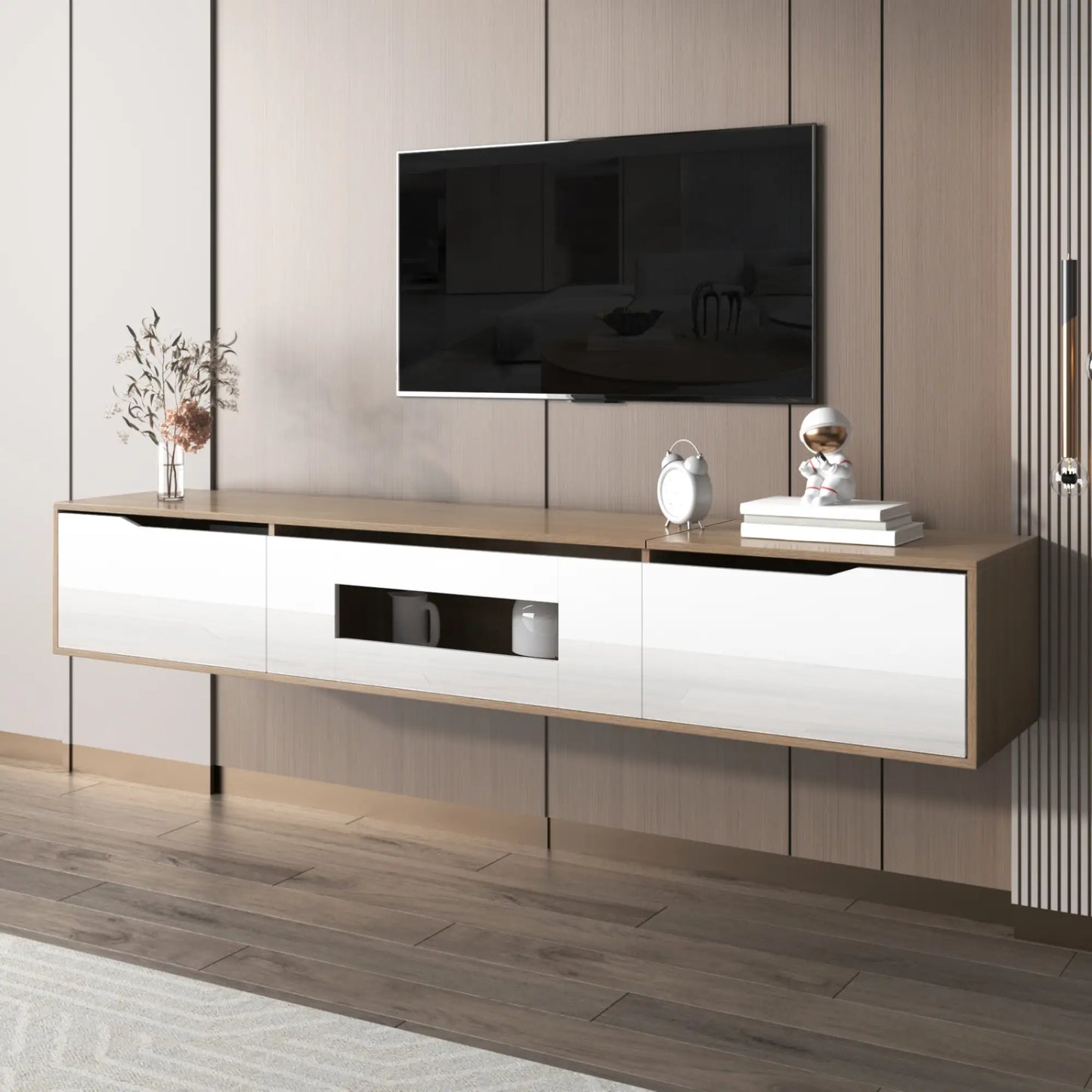 Modern TV Stand With LED Lighting, 71" L x 12" W x 12" H, Wood, White TV Stands at Gallery Canada