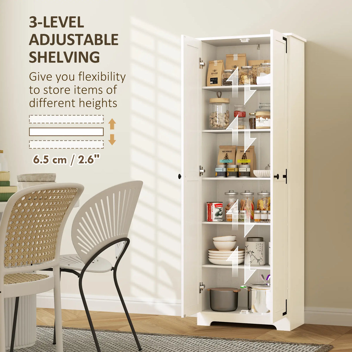 67" Farmhouse Pantry Cabinet, 2 Doors, Adjustable Shelves, Distressed, White Storage Cabinets at Gallery Canada