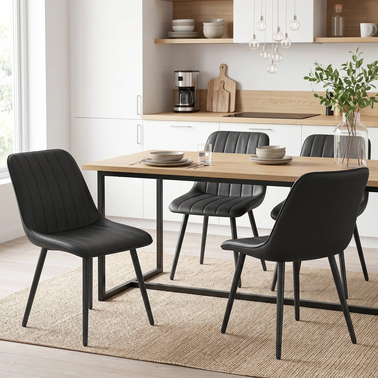 Faux Leather Dining Chairs Set of 4, Black Metal Legs, Black