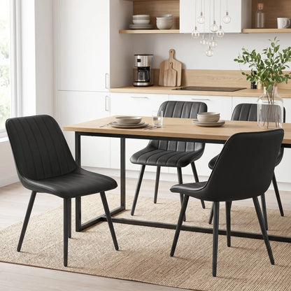 Faux Leather Dining Chairs Set of 4, Black Metal Legs, Black