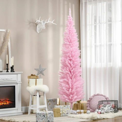 7' Slim Artificial Christmas Tree, Realistic Branches, Sturdy Metal Stand, Pink