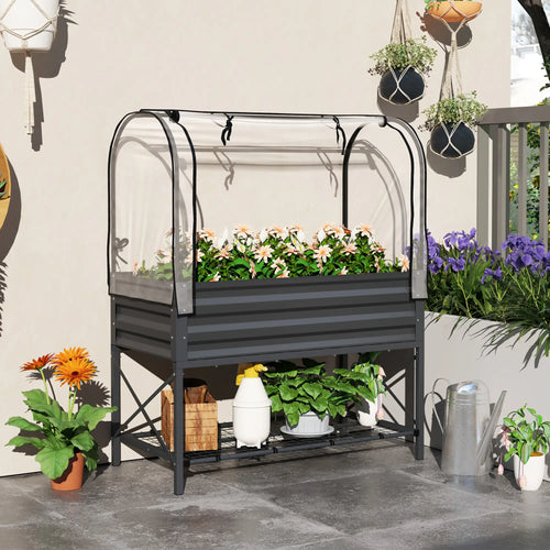 Metal Raised Garden Bed With Cover, With Bottom Shelf And Liner, Dark Grey