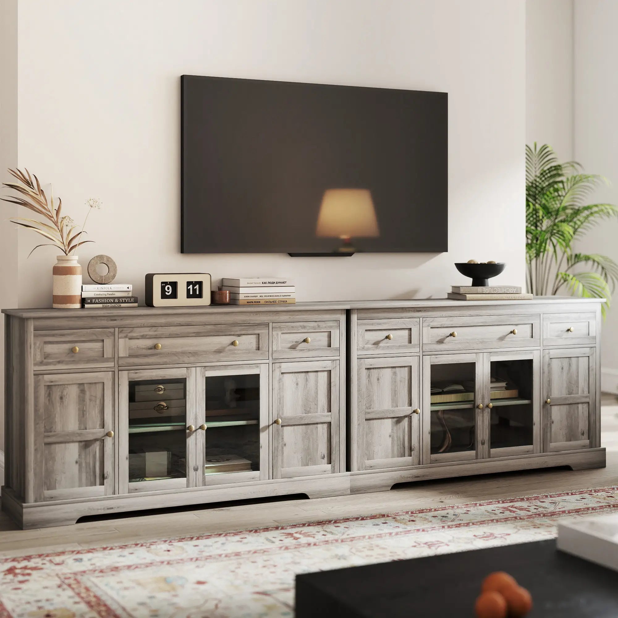 Sideboard Buffet Cabinet, Coffee Bar with Glass Doors, Adjustable Shelves, Weathered Grey Oak, Grey Bar Cabinets at Gallery Canada