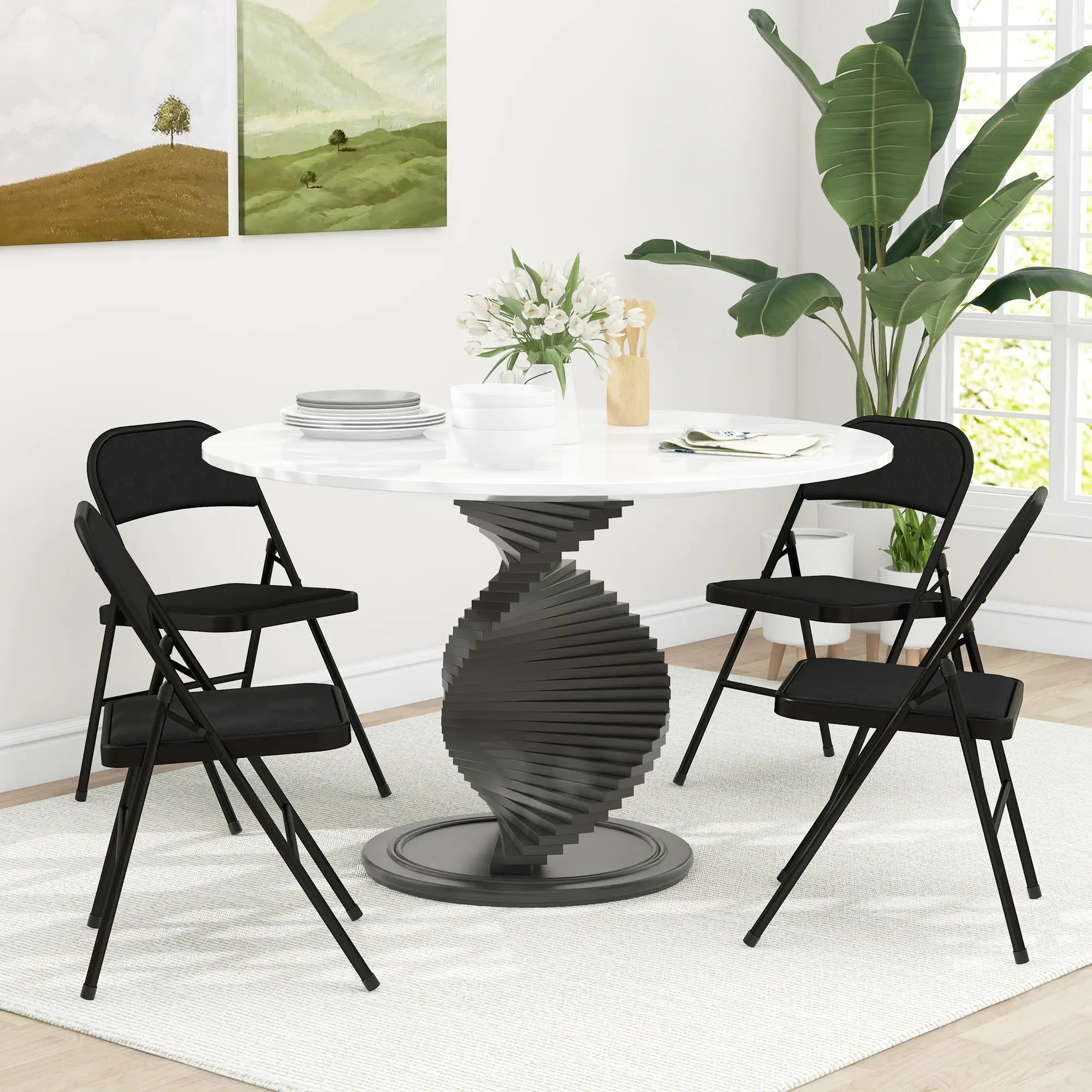 Set of 4 Foldable Metal Chairs, Linen Padded Seat, Open Back, Black Dining Chairs at Gallery Canada
