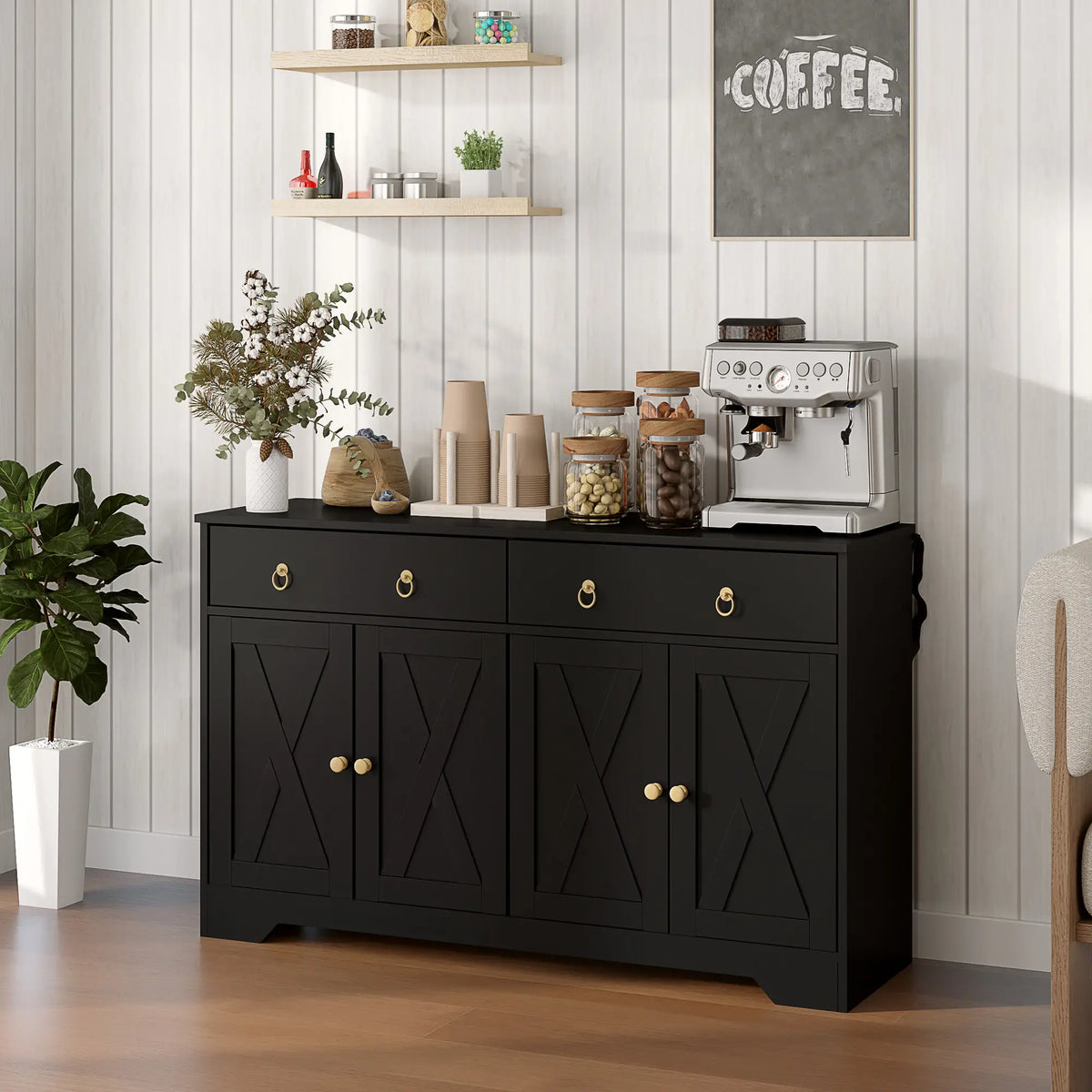 Sideboard Cabinet, 2 Drawers, 4 Barn Doors, 2 Adjustable Shelves, Black Bar Cabinets at Gallery Canada