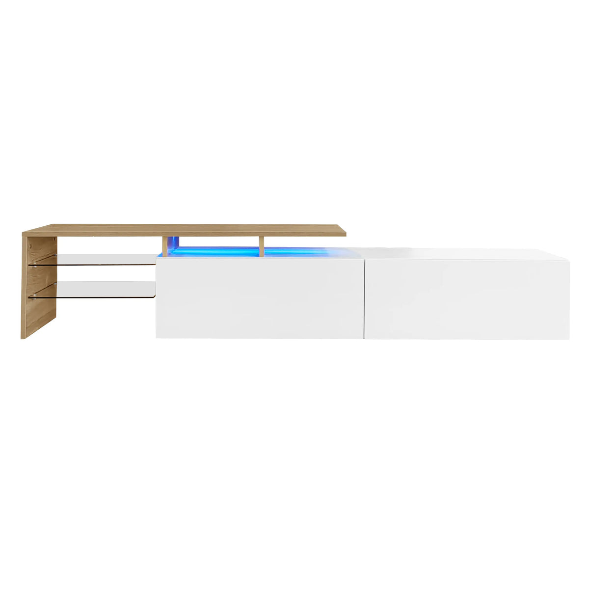 TV Stand With Glass Shelves, LED Lighting, 67" L x 13" W x 13" H, Natural, White TV Stands White, Natural at Gallery Canada