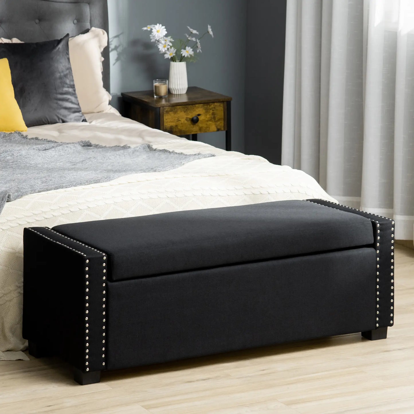 Flip Top Storage Bench, Upholstered Ottoman, 48L, Dark Grey Storage Ottomans & Benches at Gallery Canada