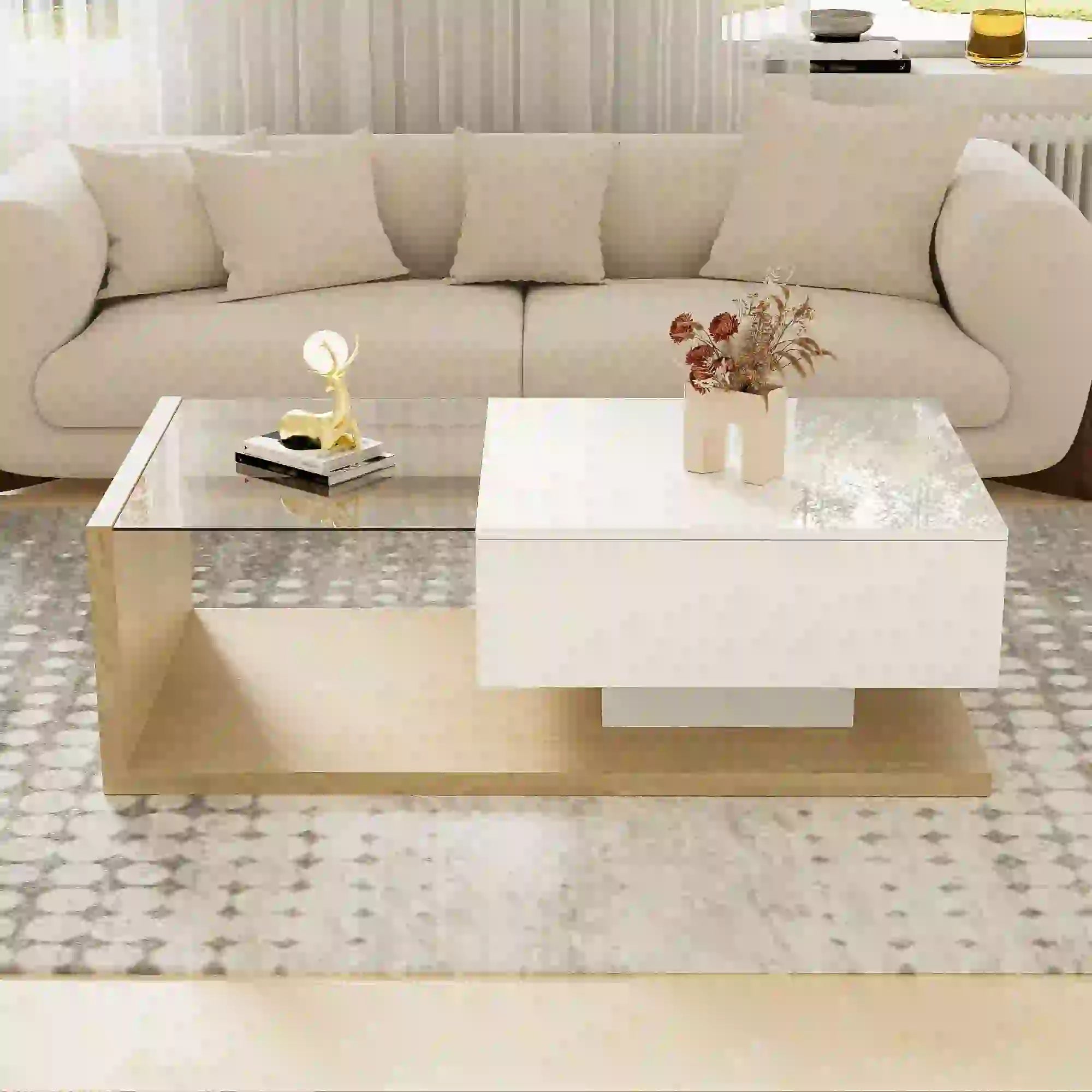 Modern Coffee Table, Glass LED Effect, Storage, 41.5