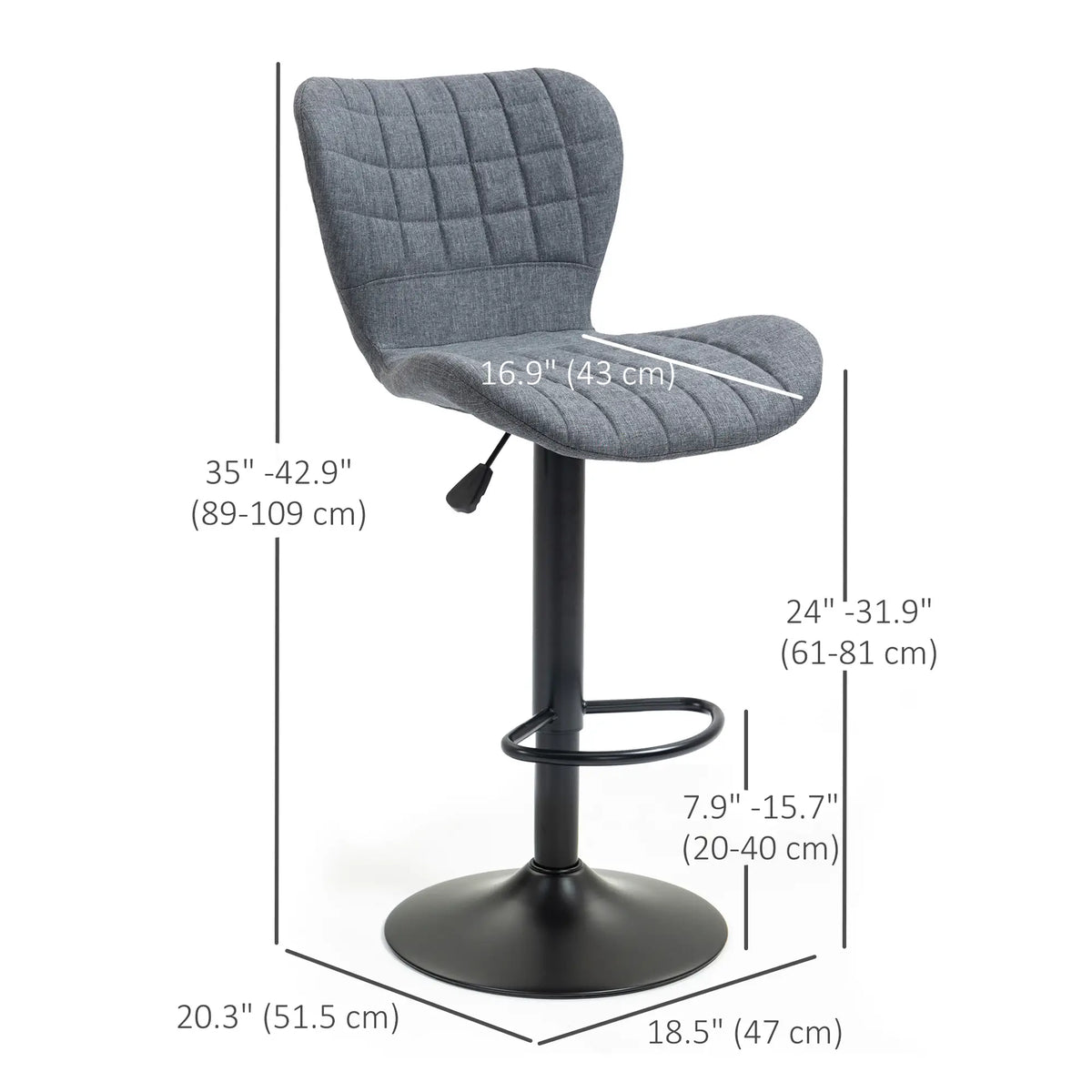 Adjustable Swivel Bar Stools Set of 2, Linen Fabric, Grey Bar Stools at Gallery Canada