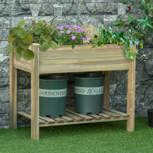 Elevated Wooden Planter Box With Legs And Storage Shelf, Green