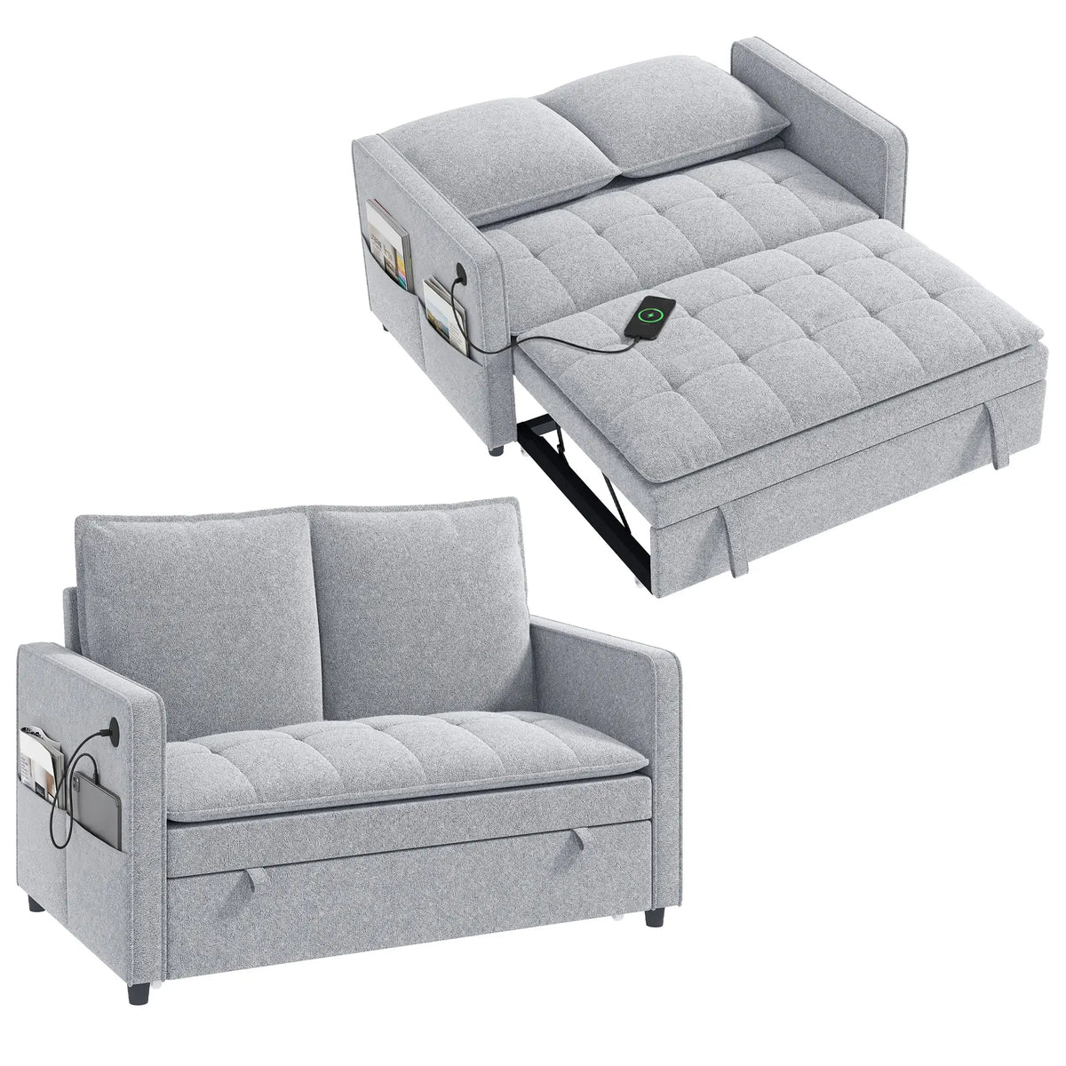 51" Velvet Pull Out Sofa Bed, USB Ports, Grey Sofa Bed at Gallery Canada