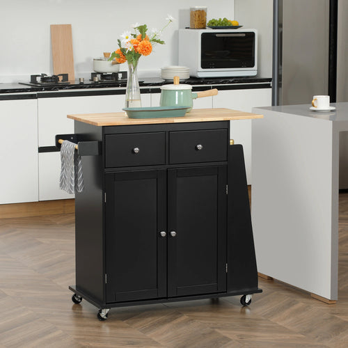 Rolling Kitchen Island Cart, Rubber Wood Top, 3-Tier Spice Rack, Black