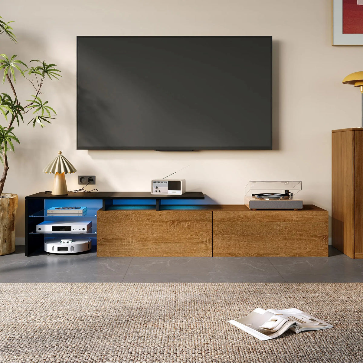 TV Stand With Glass Shelves, LED Lighting, 67" L x 13" W x 13" H, Natural, Black TV Stands at Gallery Canada