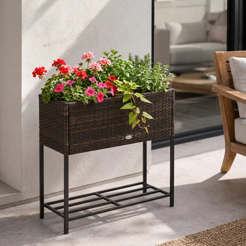 Rattan Raised Garden Box, Elevated Flower Bed with Shelf, Brown