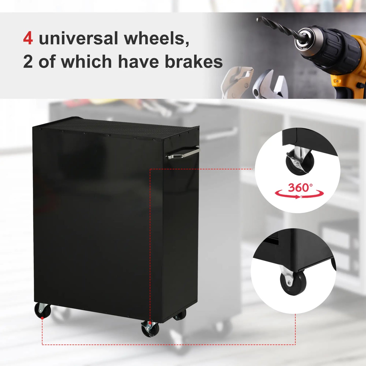 5-Drawer Rolling Tool Chest, Lockable Tool Cabinet, 4 Wheels, Black, Red