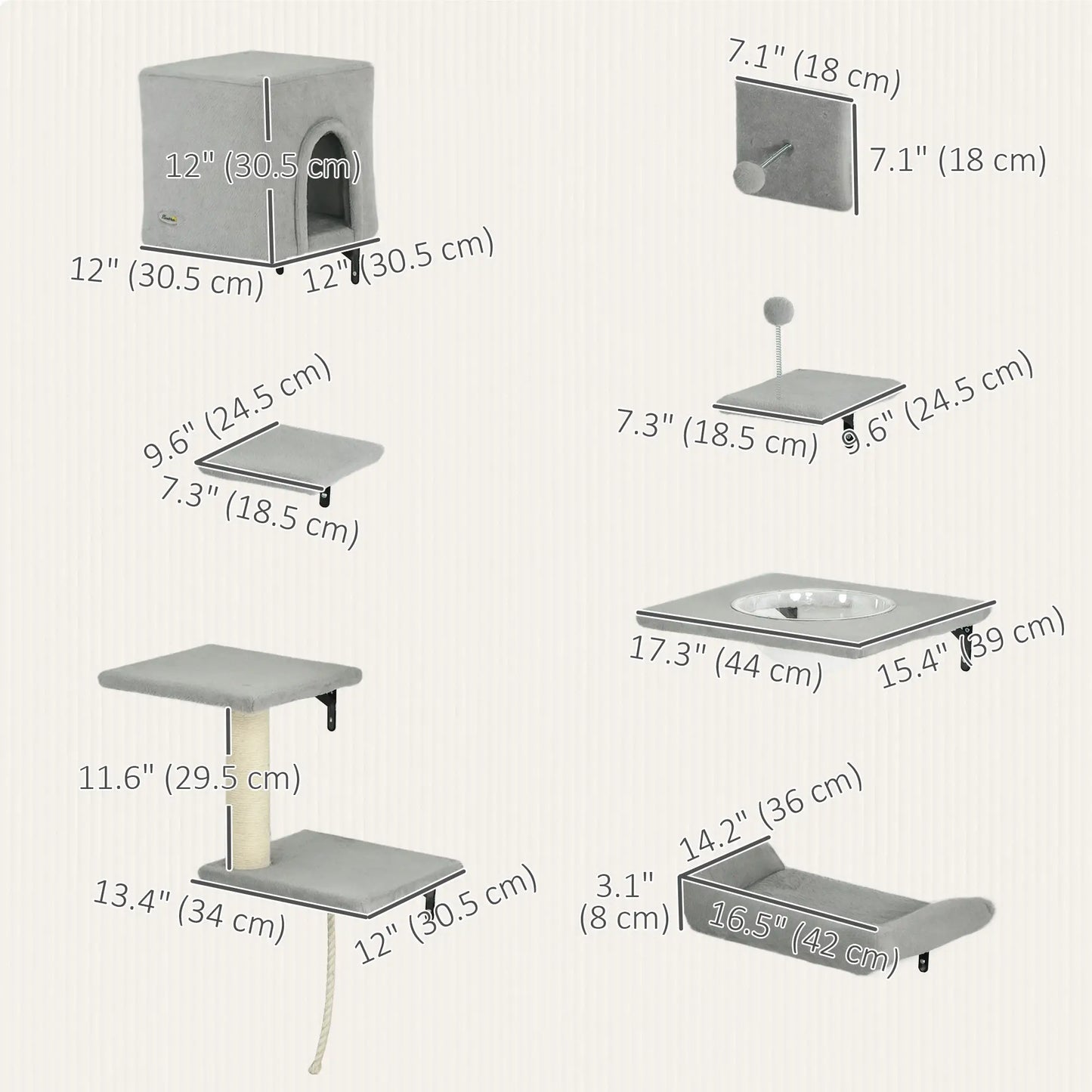 Cat Wall Shelves Set of 7, Perches with House, Sisal Ladder, Bed, Grey Cat Climbing Wall at Gallery Canada