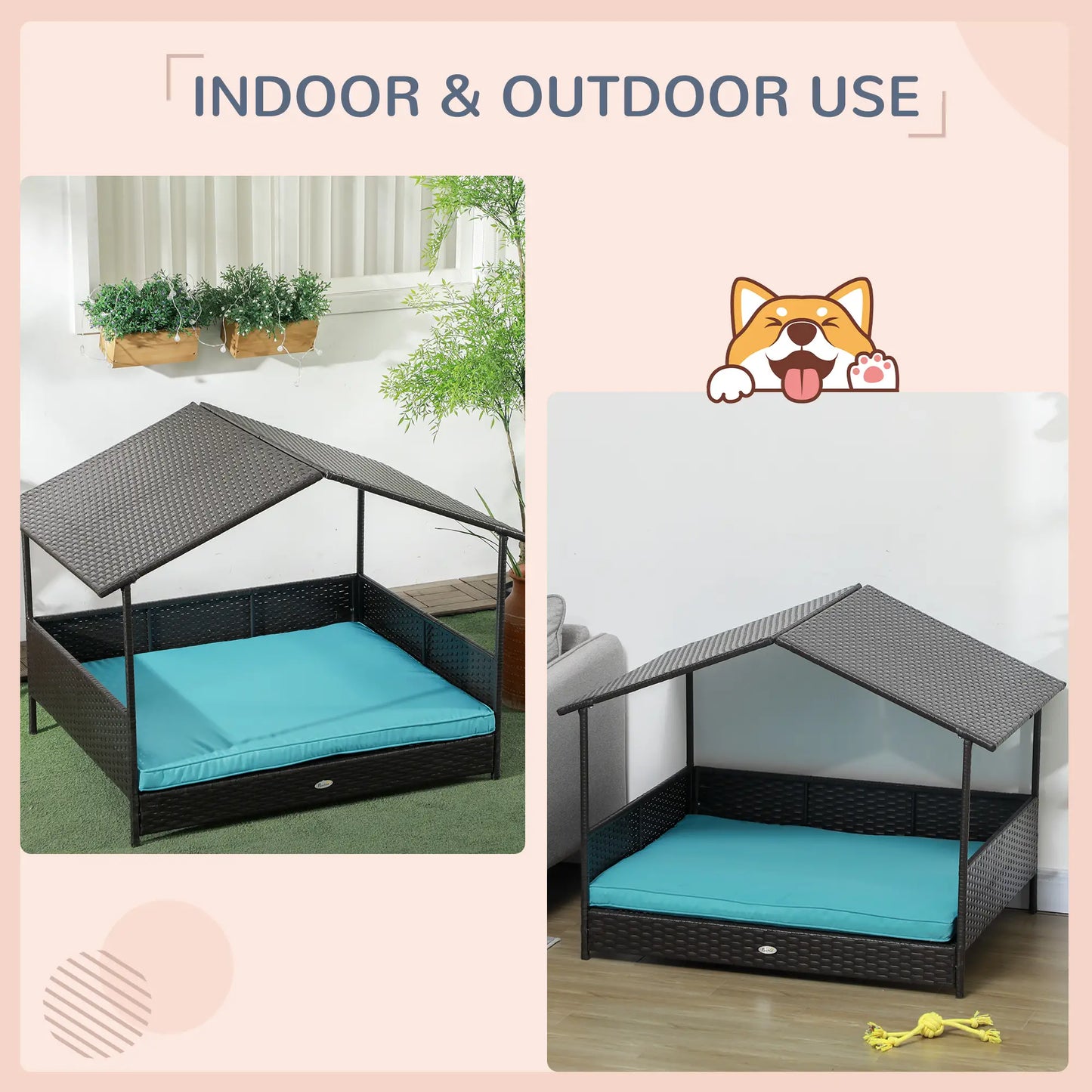 Outdoor Wicker Dog House, Soft Cushion Washable Cover, Medium Large, Blue Houses, Kennels & Pens at Gallery Canada
