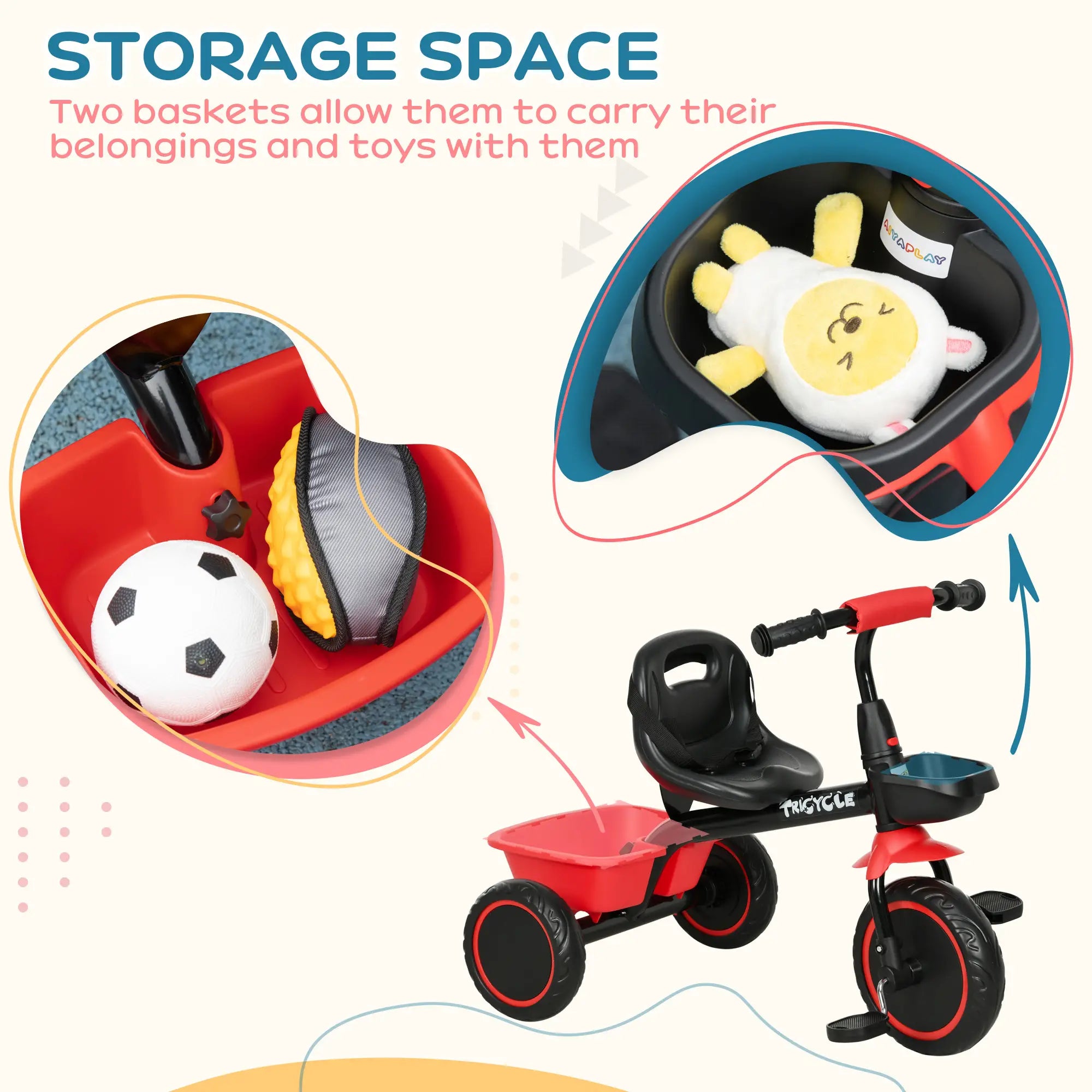 Large Kids Tricycle, Adjustable Seat, Safety Belt, 2 Storage Baskets, Red Tricycles for Kids at Gallery Canada