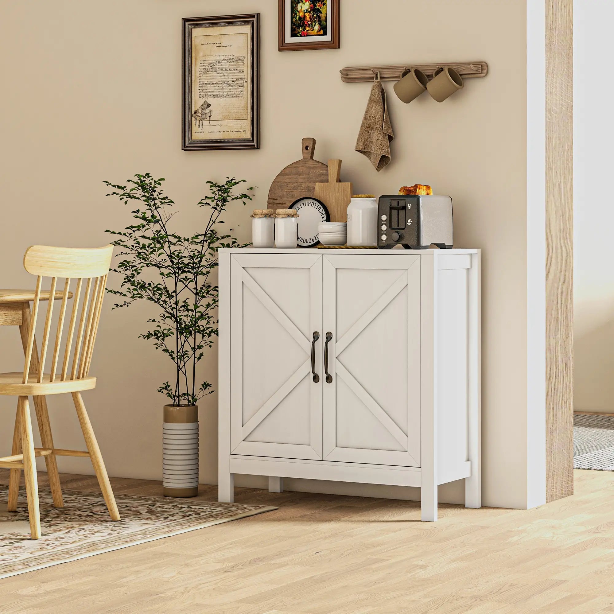 Sideboard Buffet, Kitchen Cabinet with Barn Door, Adjustable Shelves, White Wood Grain, White Bar Cabinets at Gallery Canada