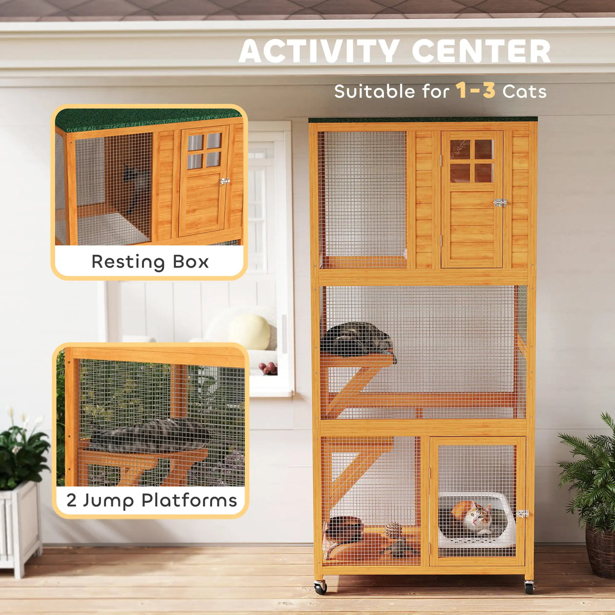 74" Wooden Outdoor Cat House, Weatherproof, Wheeled, High Weight Capacity, Orange Outdoor Cat Enclosures at Gallery Canada