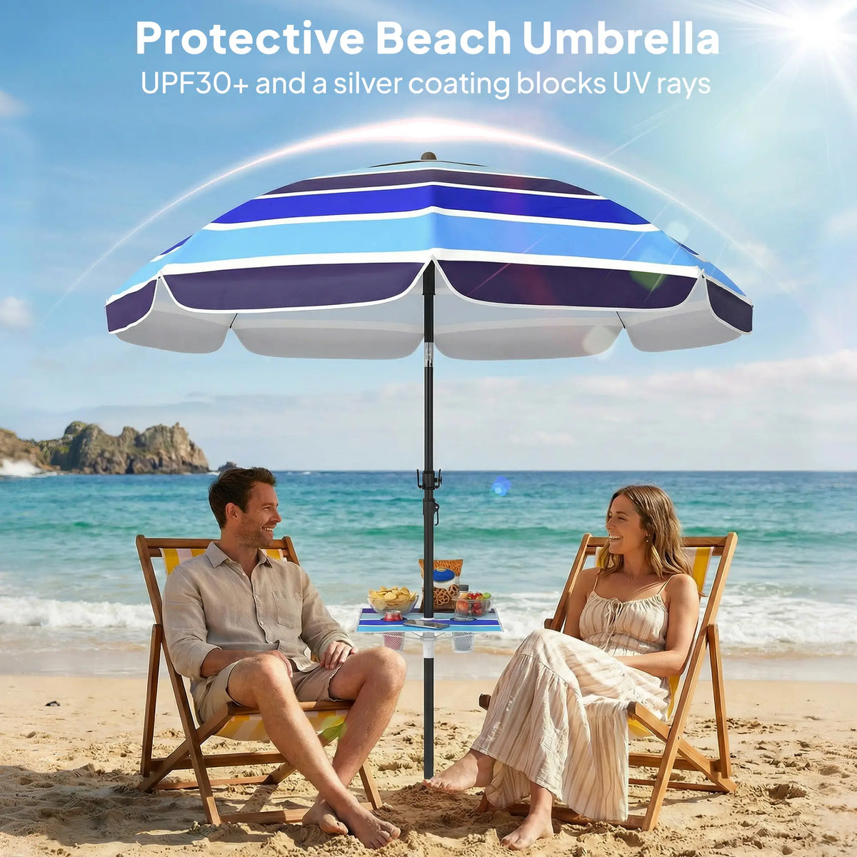 Adjustable Tilt Beach Umbrella, 78" Multicolor, Foldable Table Cup Holder, Multicolor