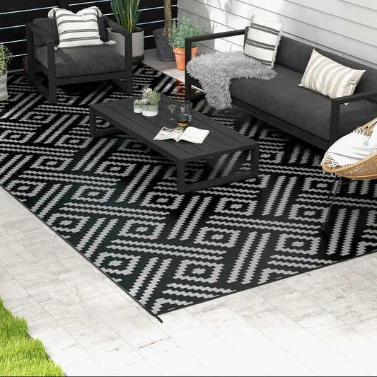 Reversible Outdoor Rug, Waterproof, 9' x 18', Geometric, Black Grey Outdoor Reversible Rugs Options at Gallery Canada