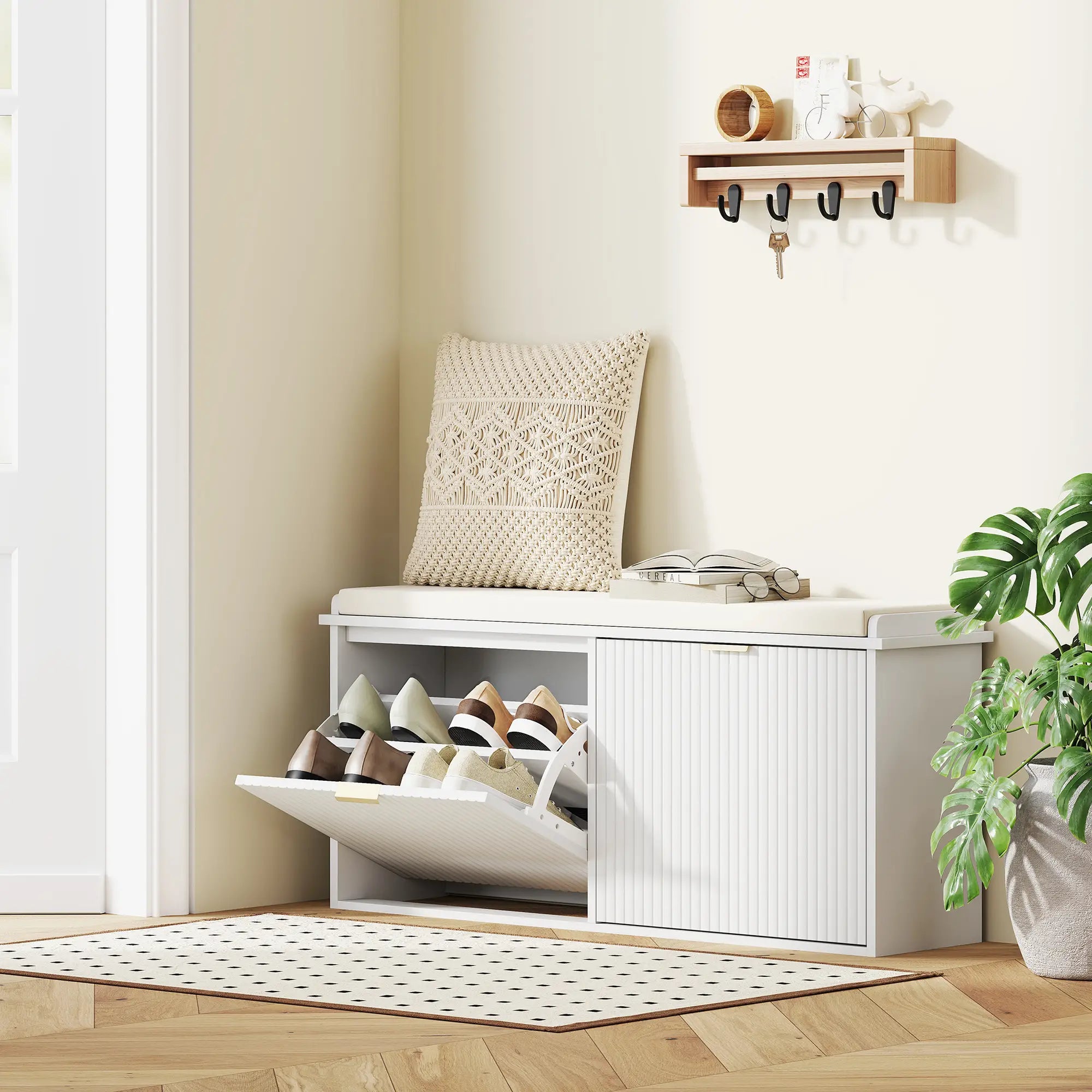 Entryway Bench with Padded Seat, Flip-Drawers, Holds 529lbs, White Shoe Storage Cabinets & Racks at Gallery Canada