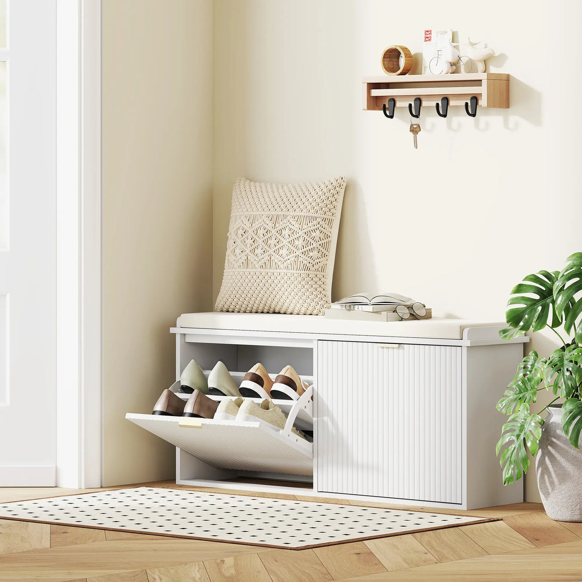 Entryway Bench with Padded Seat, Flip-Drawers, Holds 529lbs, White Shoe Storage Cabinets & Racks at Gallery Canada