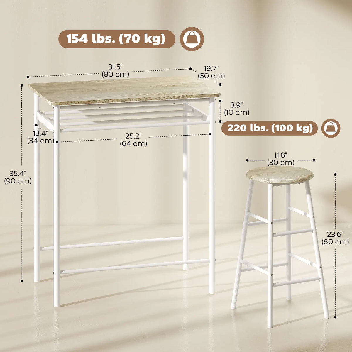 3-Piece Counter Height Bar Table Set, 1 Table 2 Stools, White Oak, White Bar Sets at Gallery Canada