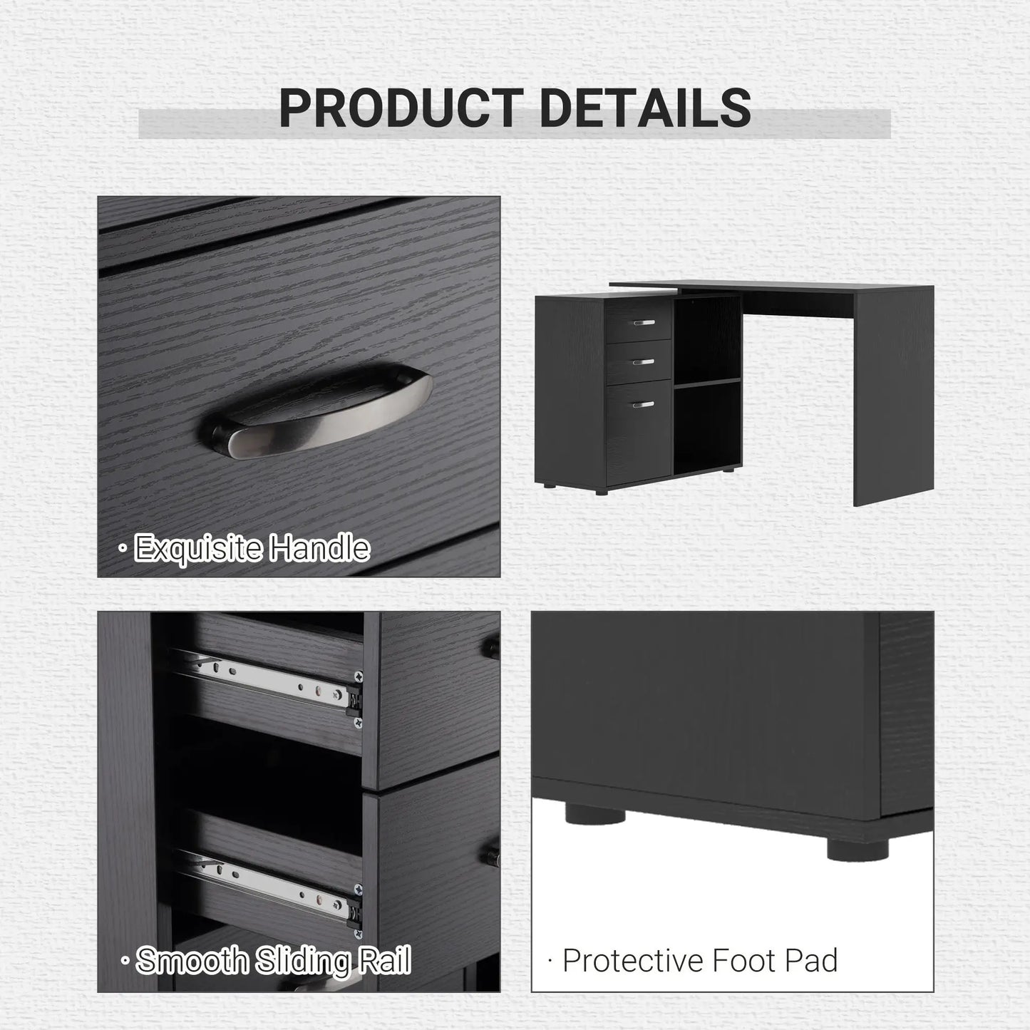 L-Shaped Corner Desk with Storage Shelf, Drawer, Black Writing Desks at Gallery Canada
