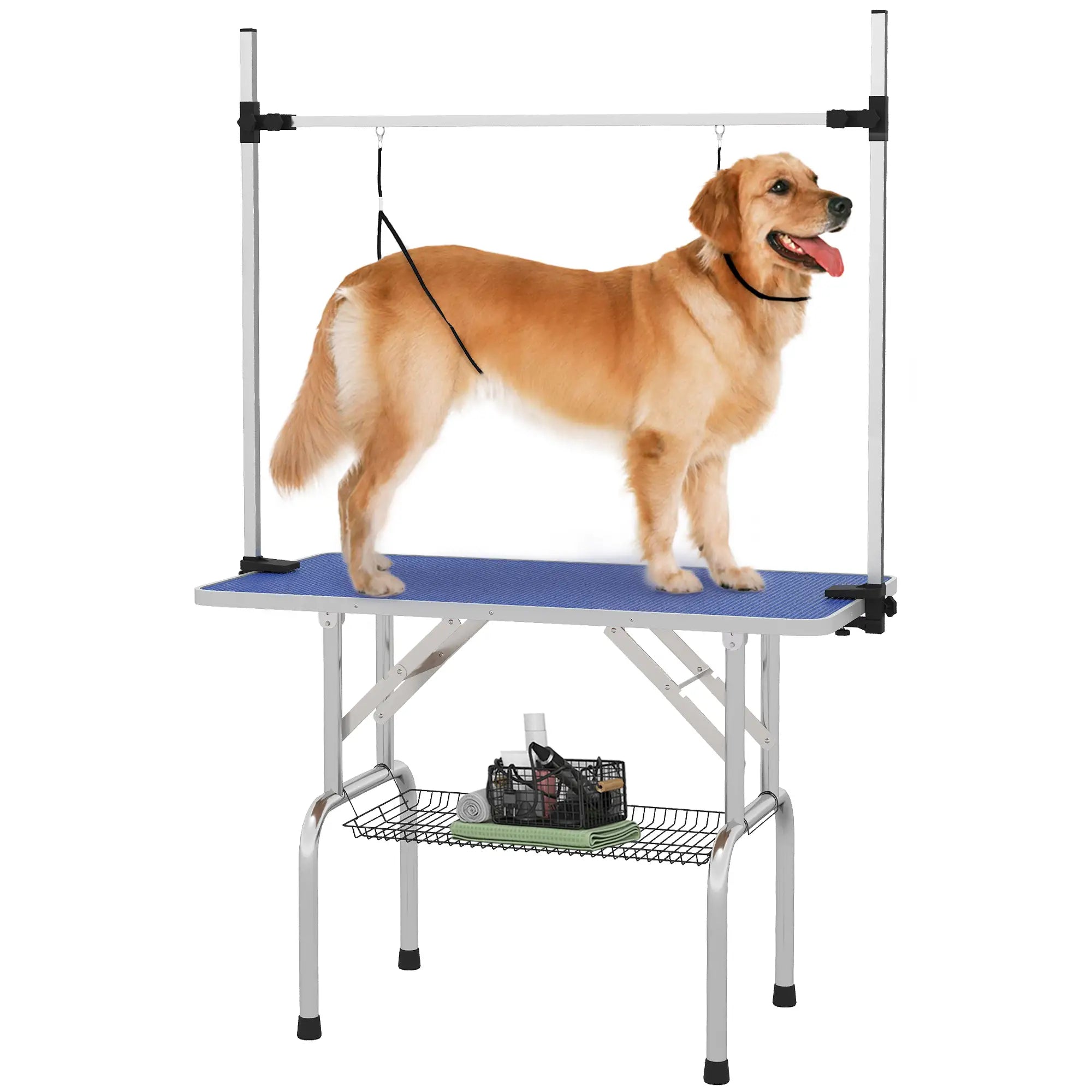 Adjustable Dog Grooming Table, 2 Safety Slings, Storage Basket, Blue Dog Grooming Tables Blue at Gallery Canada