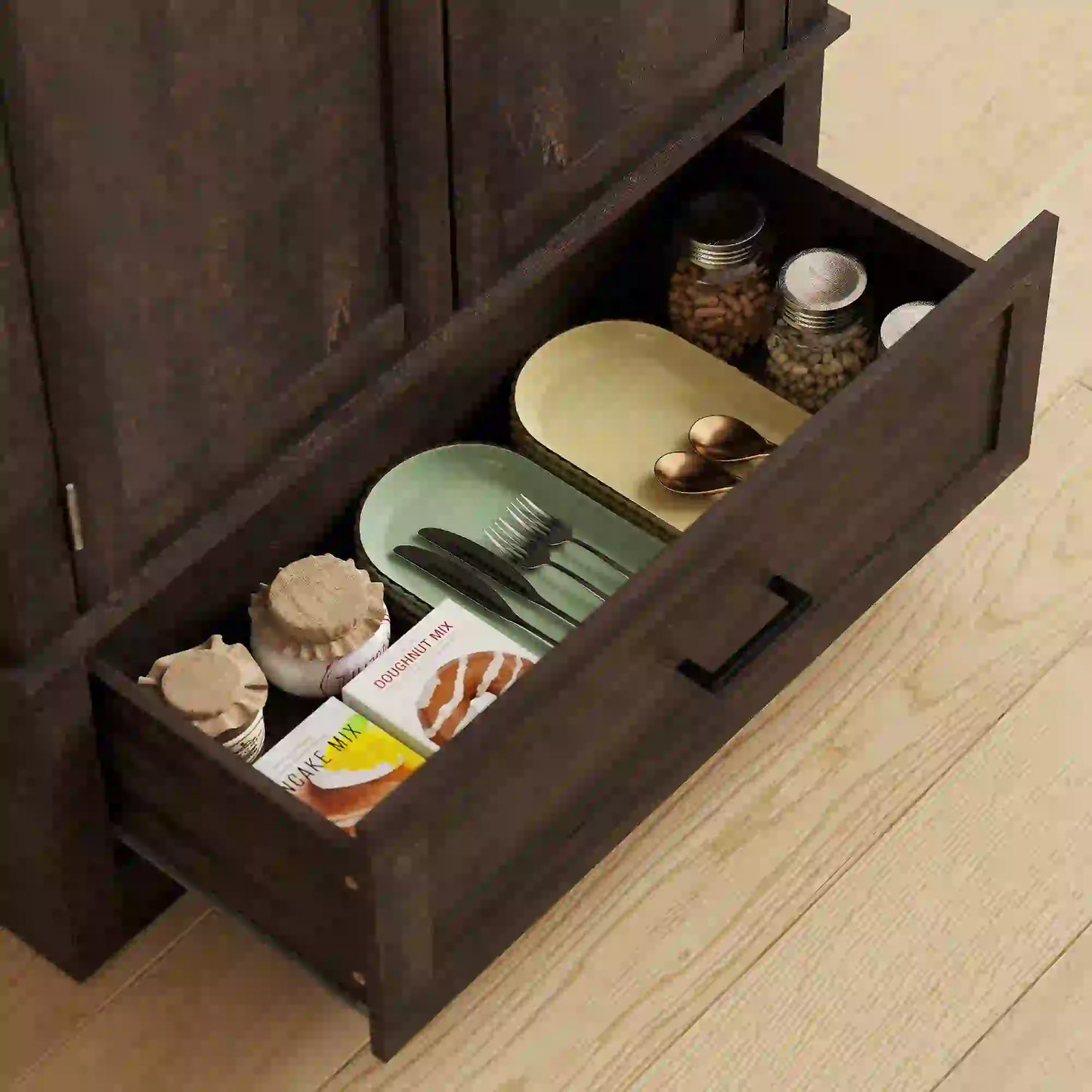 69" Tall Kitchen Pantry Cabinet, 2 Doors, Drawer, Adjustable Shelves, Dark Brown Kitchen Pantry Cabinets at Gallery Canada