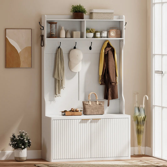 4-In-1 Hall Tree With Shoe Bench, Modern Coat Rack With Open Shelf, White Clothing Storage White at Gallery Canada