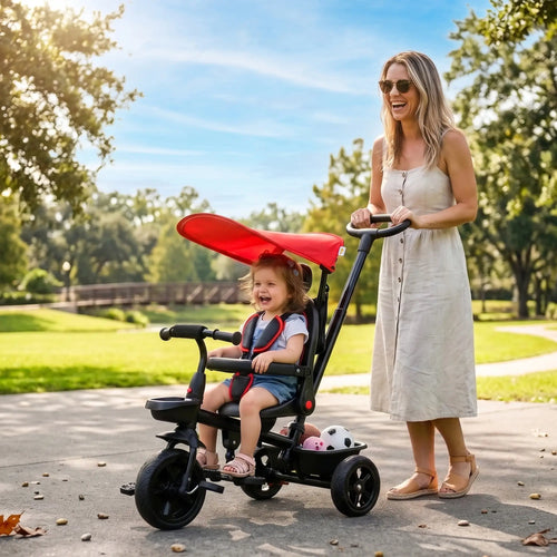 Kids Tricycle, 4 In 1 Trike, Adjustable Seat, Removable Canopy, Red