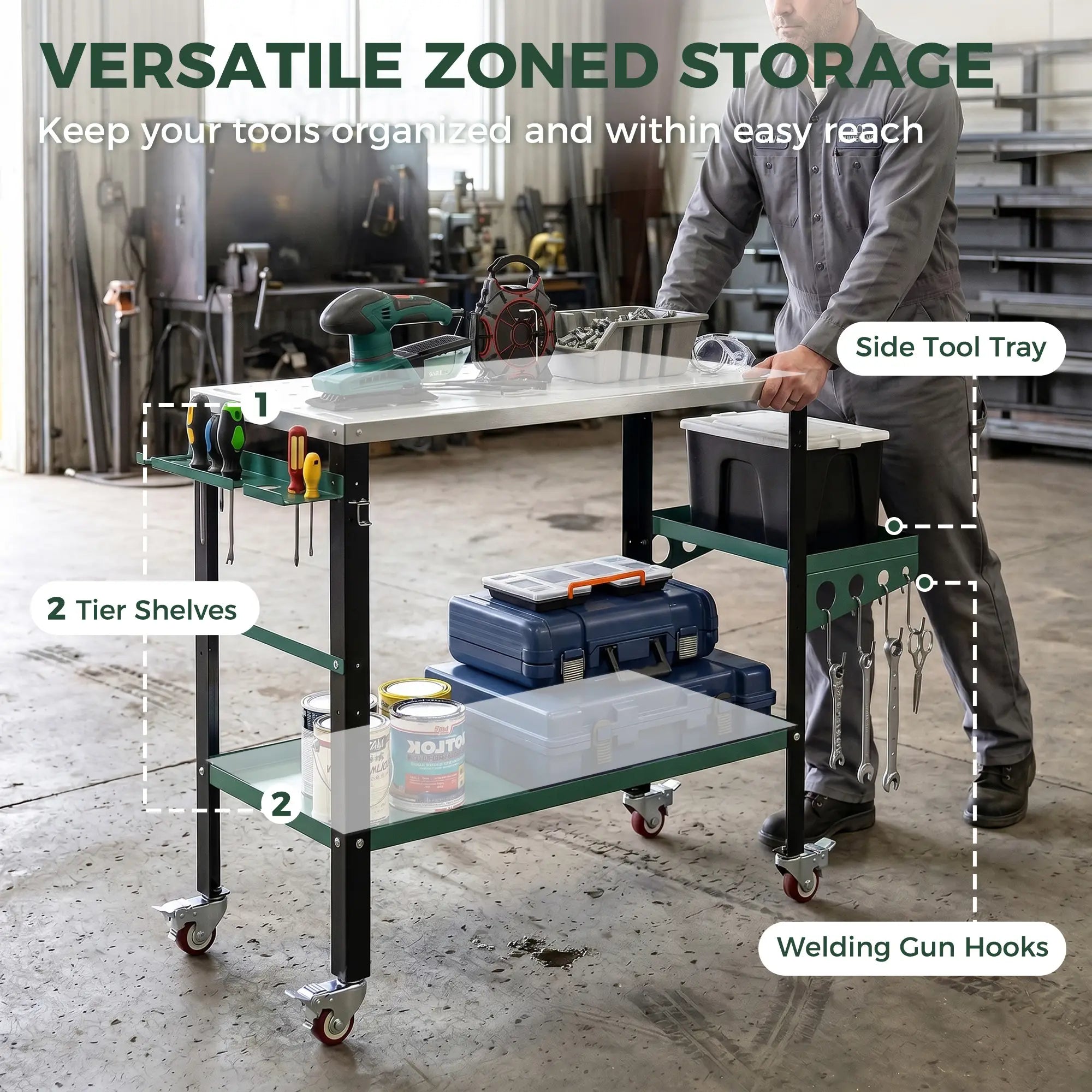 2Tier Rolling Tool Cart with Wheels, Lockable Steel Heavy Duty Cart with Side Tray, Silver &; Green Tool Organizers at Gallery Canada