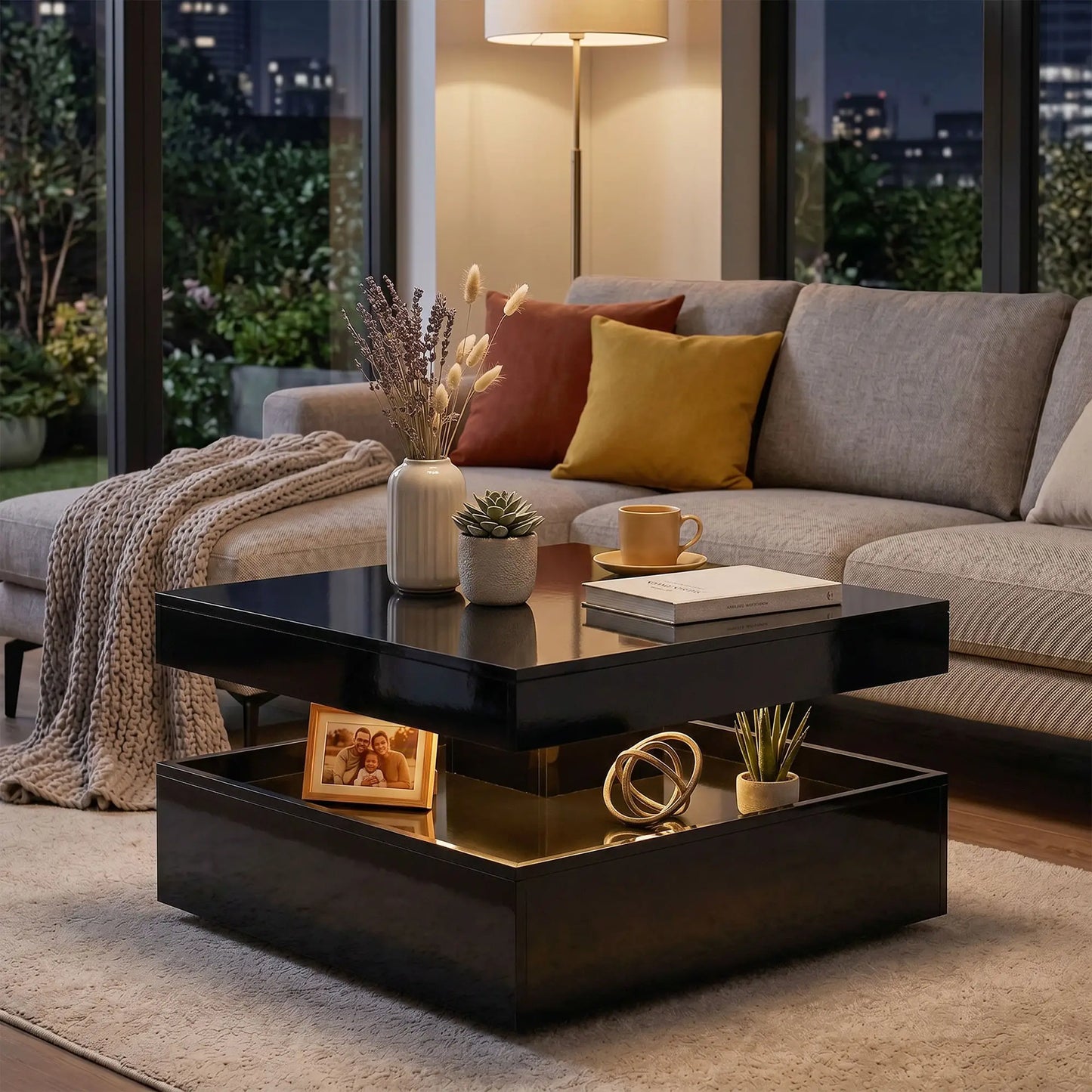 LED Coffee Table with Storage, 2-Tier Modern Center Table with Open Shelf and Remote for Living Room, High Gloss Black Coffee Tables at Gallery Canada